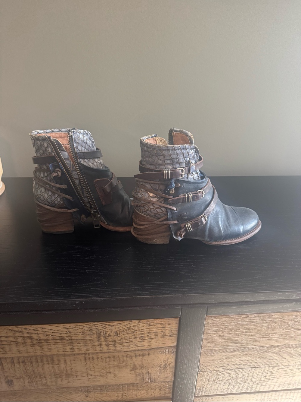freebird Black Leather Ankle Booties with Snakeskin Trim and Buckles